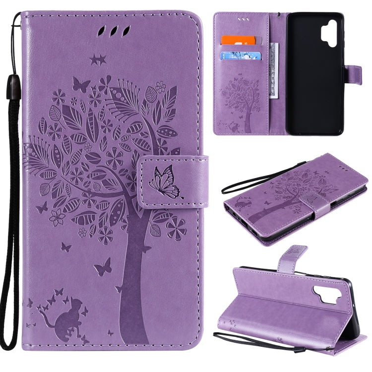 For Samsung Galaxy A32 5G Tree & Cat Pattern Pressed Printing Horizontal Flip PU Leather Case with Holder & Card Slots & Wallet & Lanyard