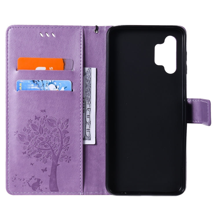 For Samsung Galaxy A32 5G Tree & Cat Pattern Pressed Printing Horizontal Flip PU Leather Case with Holder & Card Slots & Wallet & Lanyard