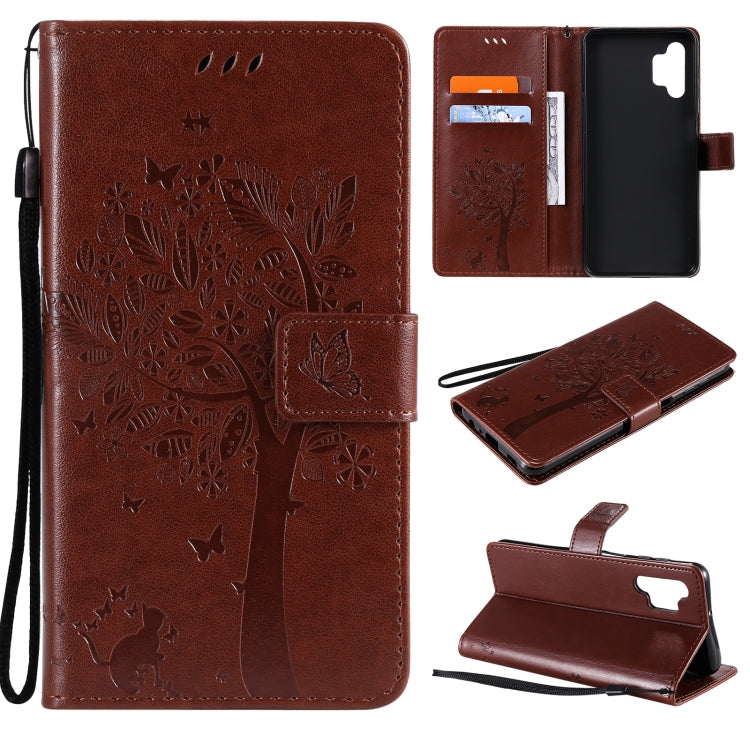For Samsung Galaxy A32 5G Tree & Cat Pattern Pressed Printing Horizontal Flip PU Leather Case with Holder & Card Slots & Wallet & Lanyard