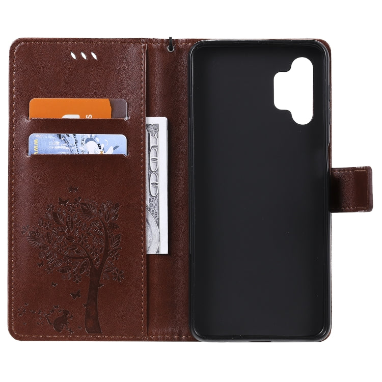 For Samsung Galaxy A32 5G Tree & Cat Pattern Pressed Printing Horizontal Flip PU Leather Case with Holder & Card Slots & Wallet & Lanyard