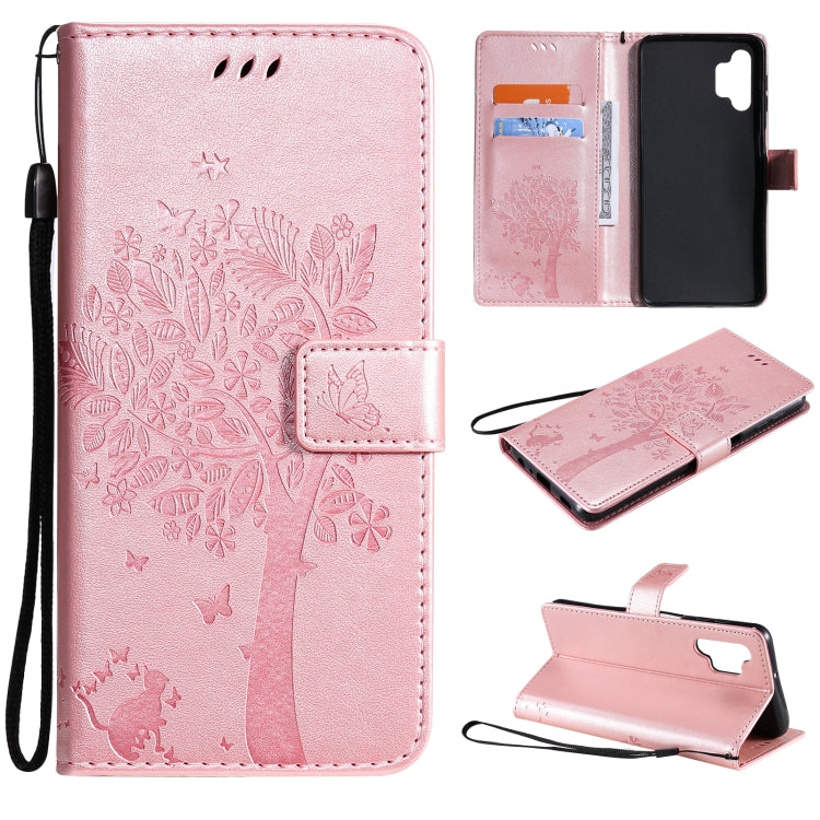 For Samsung Galaxy A32 5G Tree & Cat Pattern Pressed Printing Horizontal Flip PU Leather Case with Holder & Card Slots & Wallet & Lanyard