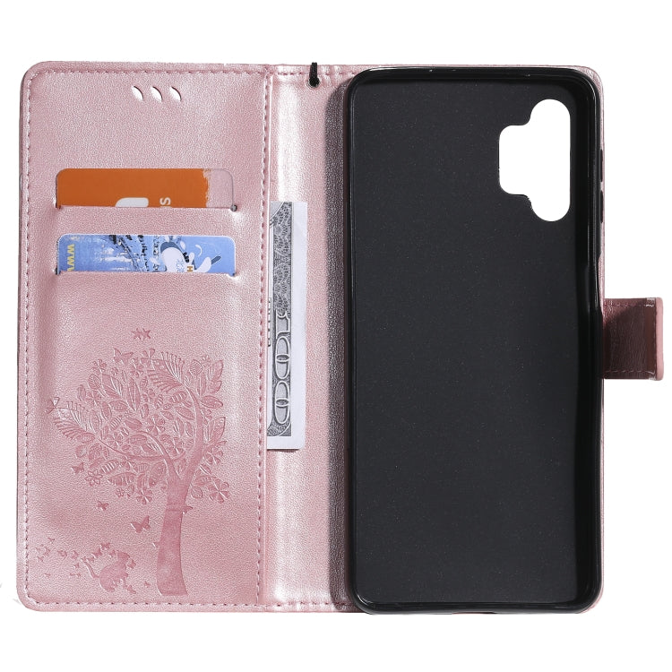 For Samsung Galaxy A32 5G Tree & Cat Pattern Pressed Printing Horizontal Flip PU Leather Case with Holder & Card Slots & Wallet & Lanyard