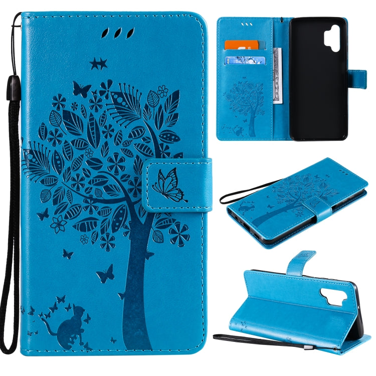 For Samsung Galaxy A32 5G Tree & Cat Pattern Pressed Printing Horizontal Flip PU Leather Case with Holder & Card Slots & Wallet & Lanyard