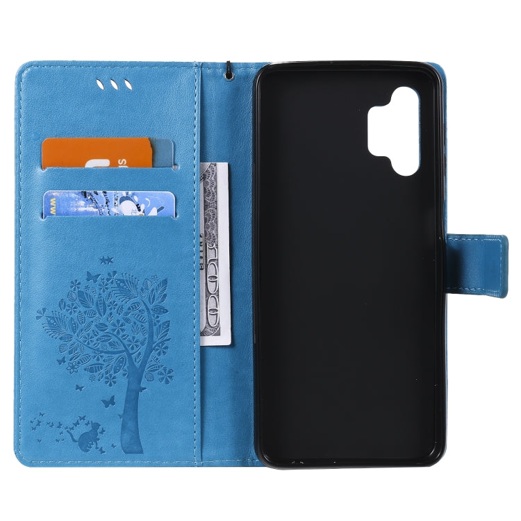For Samsung Galaxy A32 5G Tree & Cat Pattern Pressed Printing Horizontal Flip PU Leather Case with Holder & Card Slots & Wallet & Lanyard