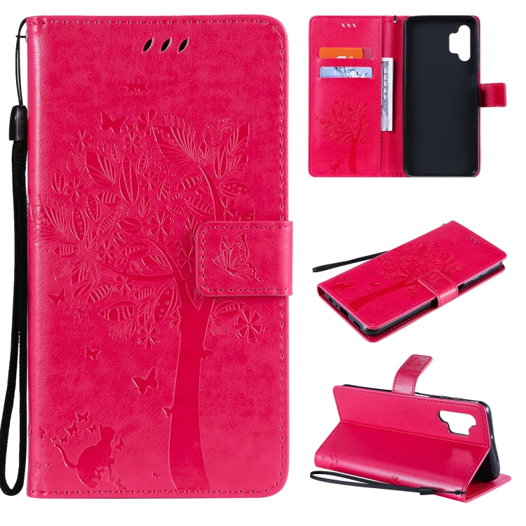 For Samsung Galaxy A32 5G Tree & Cat Pattern Pressed Printing Horizontal Flip PU Leather Case with Holder & Card Slots & Wallet & Lanyard