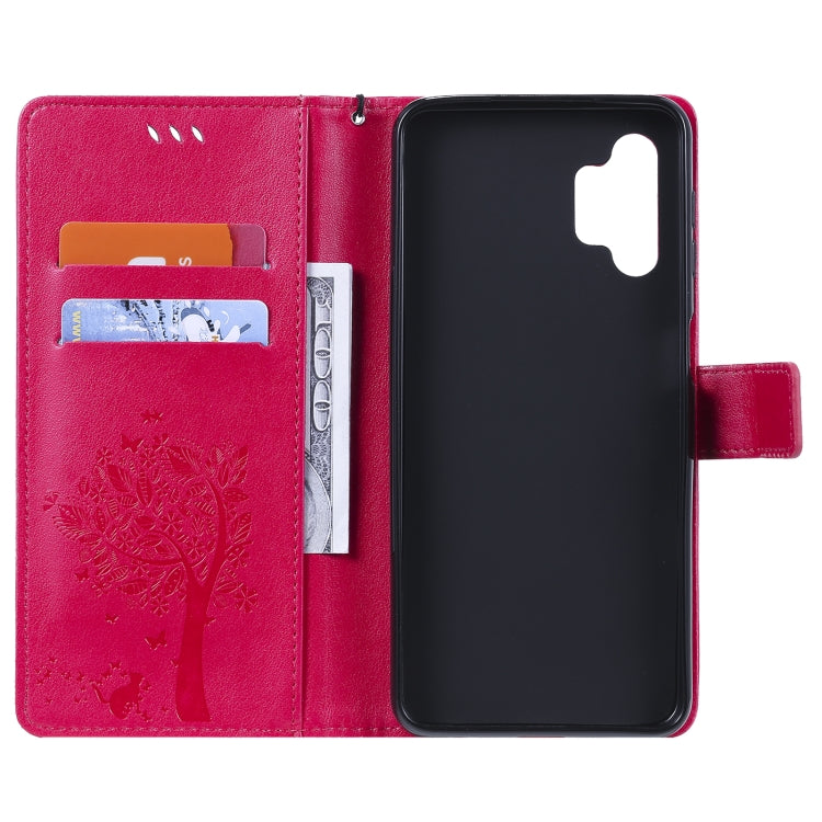 For Samsung Galaxy A32 5G Tree & Cat Pattern Pressed Printing Horizontal Flip PU Leather Case with Holder & Card Slots & Wallet & Lanyard