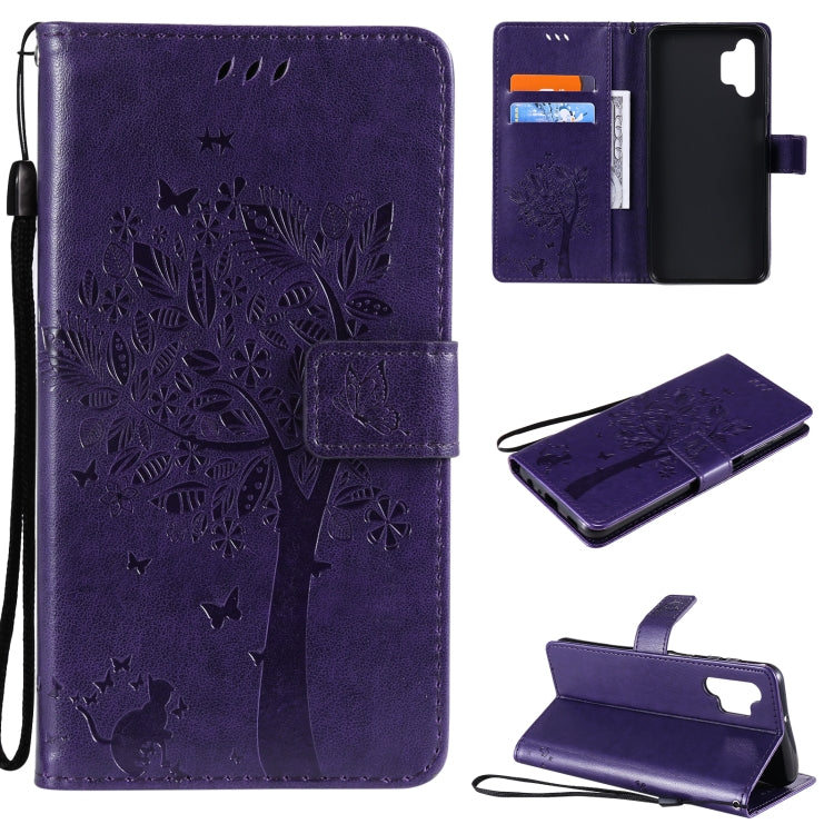 For Samsung Galaxy A32 5G Tree & Cat Pattern Pressed Printing Horizontal Flip PU Leather Case with Holder & Card Slots & Wallet & Lanyard