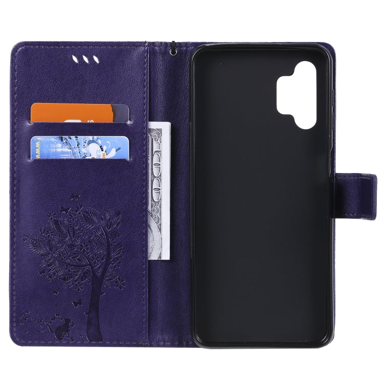 For Samsung Galaxy A32 5G Tree & Cat Pattern Pressed Printing Horizontal Flip PU Leather Case with Holder & Card Slots & Wallet & Lanyard