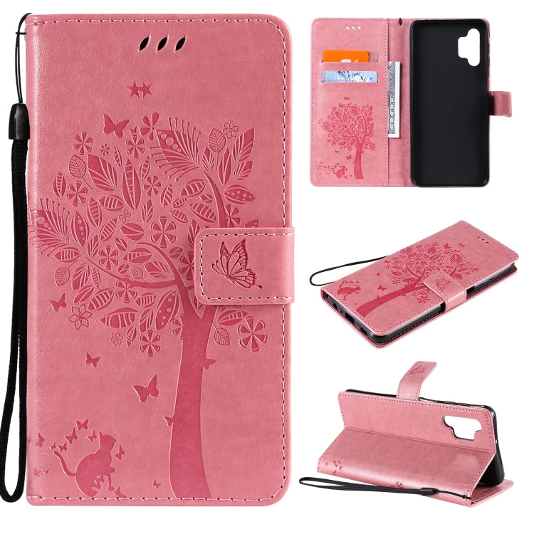 For Samsung Galaxy A32 5G Tree & Cat Pattern Pressed Printing Horizontal Flip PU Leather Case with Holder & Card Slots & Wallet & Lanyard