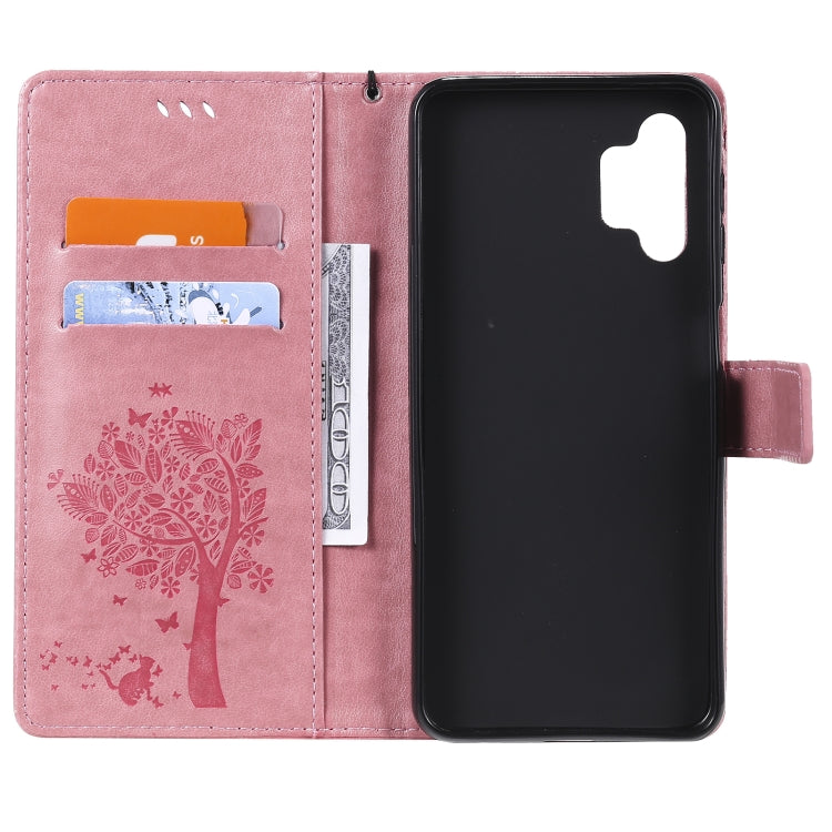 For Samsung Galaxy A32 5G Tree & Cat Pattern Pressed Printing Horizontal Flip PU Leather Case with Holder & Card Slots & Wallet & Lanyard