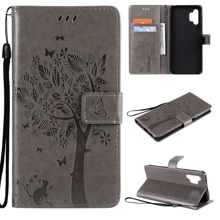 For Samsung Galaxy A32 5G Tree & Cat Pattern Pressed Printing Horizontal Flip PU Leather Case with Holder & Card Slots & Wallet & Lanyard