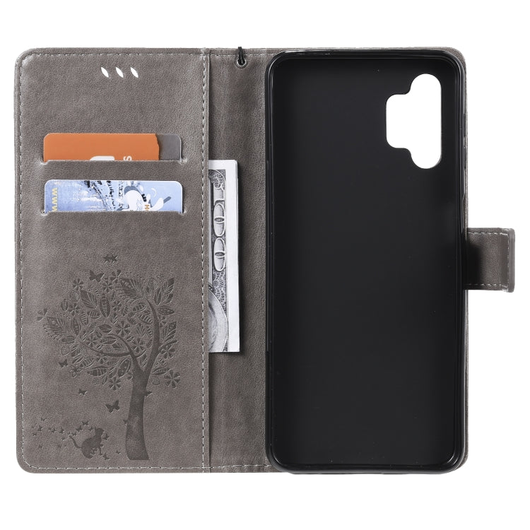 For Samsung Galaxy A32 5G Tree & Cat Pattern Pressed Printing Horizontal Flip PU Leather Case with Holder & Card Slots & Wallet & Lanyard