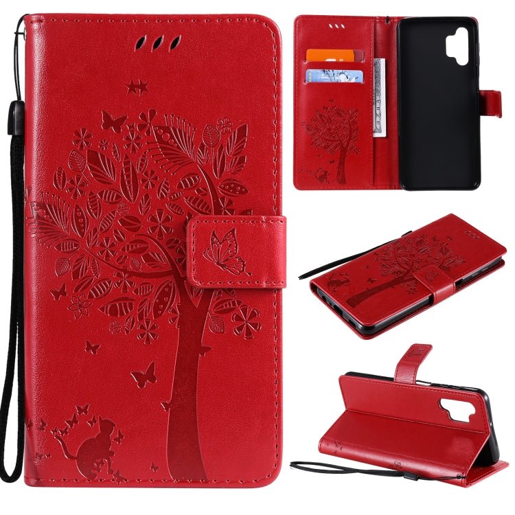 For Samsung Galaxy A32 5G Tree & Cat Pattern Pressed Printing Horizontal Flip PU Leather Case with Holder & Card Slots & Wallet & Lanyard