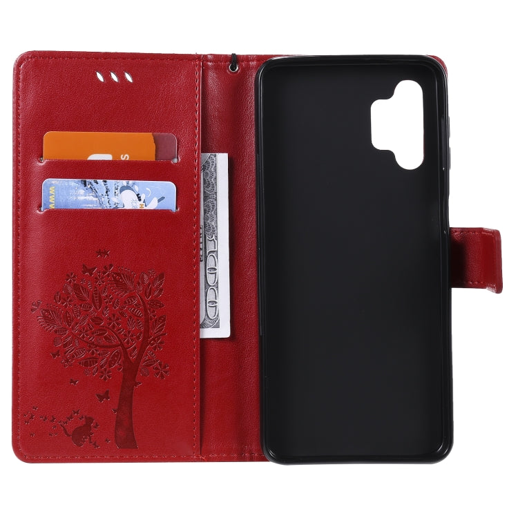 For Samsung Galaxy A32 5G Tree & Cat Pattern Pressed Printing Horizontal Flip PU Leather Case with Holder & Card Slots & Wallet & Lanyard