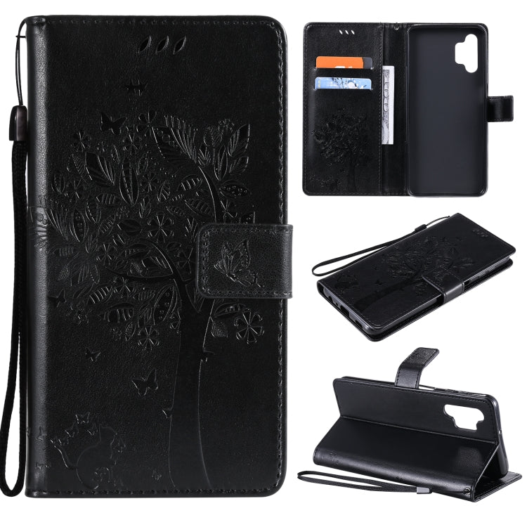 For Samsung Galaxy A32 5G Tree & Cat Pattern Pressed Printing Horizontal Flip PU Leather Case with Holder & Card Slots & Wallet & Lanyard