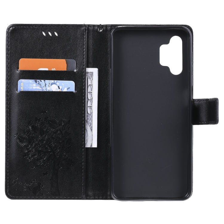 For Samsung Galaxy A32 5G Tree & Cat Pattern Pressed Printing Horizontal Flip PU Leather Case with Holder & Card Slots & Wallet & Lanyard