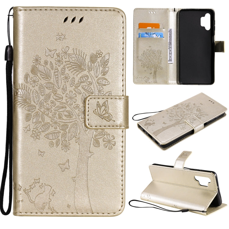 For Samsung Galaxy A32 5G Tree & Cat Pattern Pressed Printing Horizontal Flip PU Leather Case with Holder & Card Slots & Wallet & Lanyard