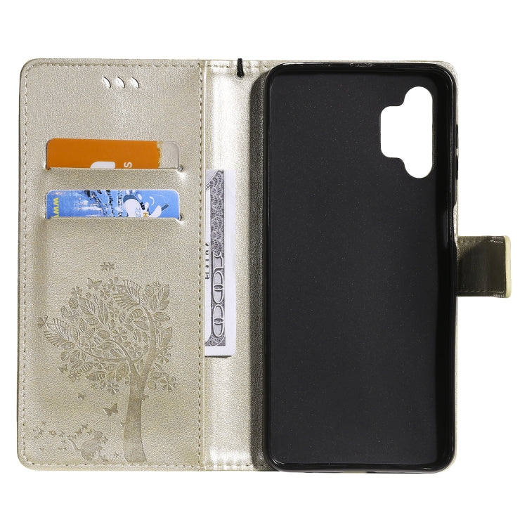 For Samsung Galaxy A32 5G Tree & Cat Pattern Pressed Printing Horizontal Flip PU Leather Case with Holder & Card Slots & Wallet & Lanyard