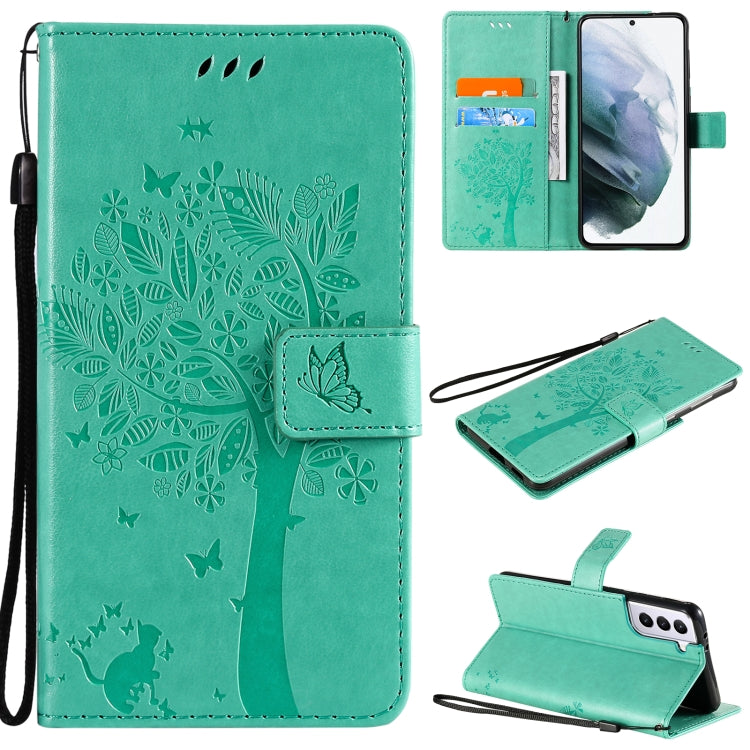 For Samsung Galaxy S21+ 5G Tree & Cat Pattern Pressed Printing Horizontal Flip PU Leather Case with Holder & Card Slots & Wallet & Lanyard