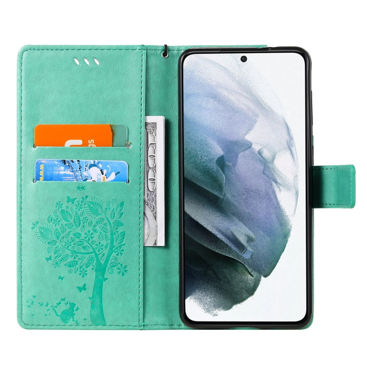 For Samsung Galaxy S21+ 5G Tree & Cat Pattern Pressed Printing Horizontal Flip PU Leather Case with Holder & Card Slots & Wallet & Lanyard