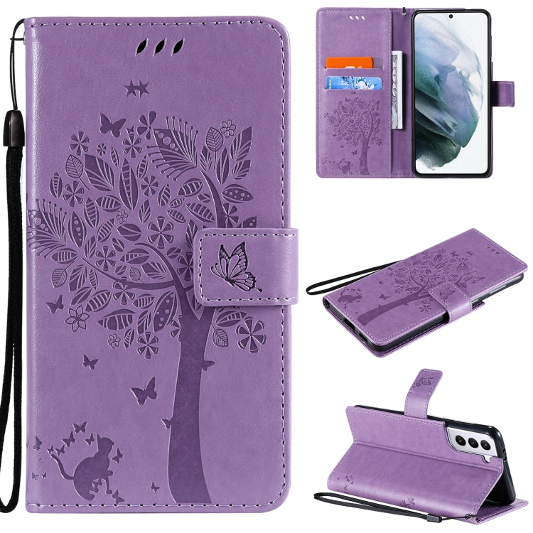 For Samsung Galaxy S21+ 5G Tree & Cat Pattern Pressed Printing Horizontal Flip PU Leather Case with Holder & Card Slots & Wallet & Lanyard