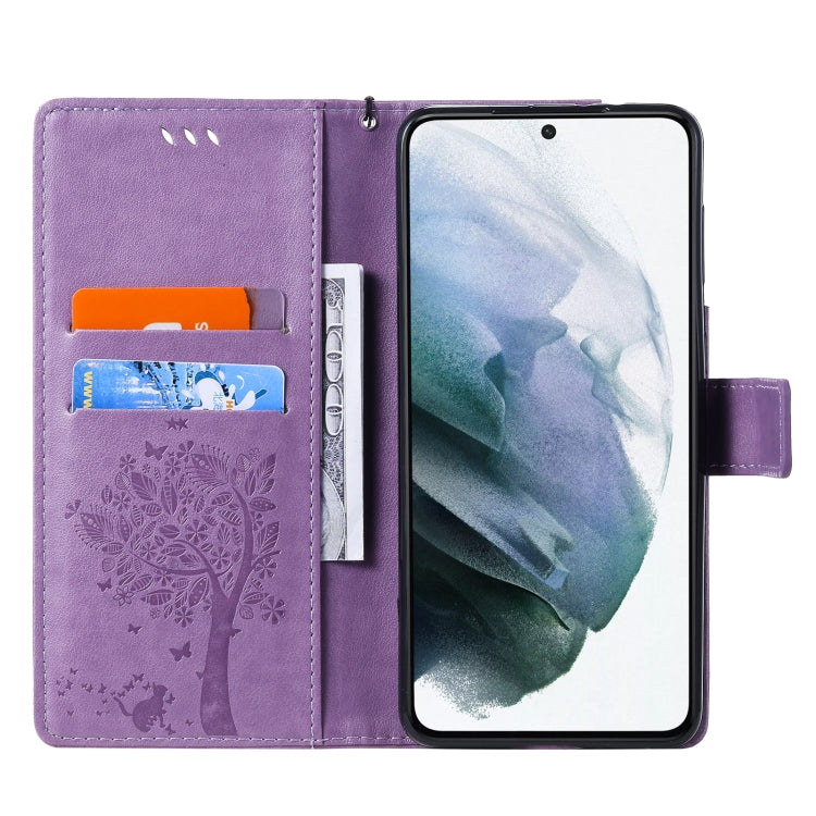 For Samsung Galaxy S21+ 5G Tree & Cat Pattern Pressed Printing Horizontal Flip PU Leather Case with Holder & Card Slots & Wallet & Lanyard