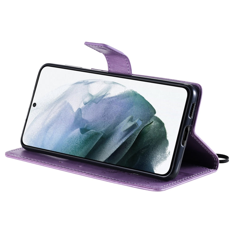 For Samsung Galaxy S21+ 5G Tree & Cat Pattern Pressed Printing Horizontal Flip PU Leather Case with Holder & Card Slots & Wallet & Lanyard