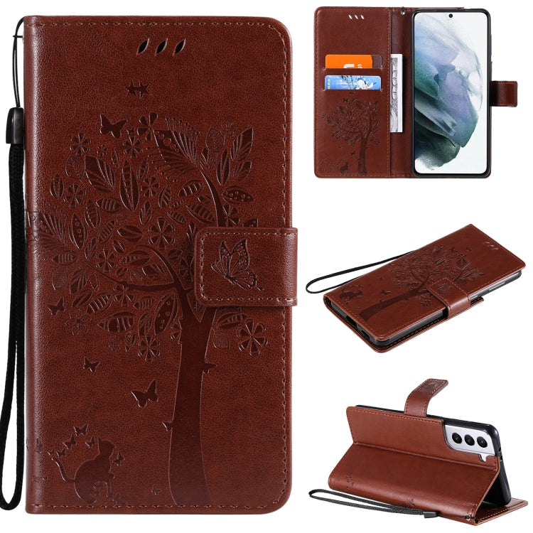 For Samsung Galaxy S21+ 5G Tree & Cat Pattern Pressed Printing Horizontal Flip PU Leather Case with Holder & Card Slots & Wallet & Lanyard