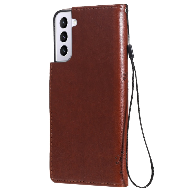 For Samsung Galaxy S21+ 5G Tree & Cat Pattern Pressed Printing Horizontal Flip PU Leather Case with Holder & Card Slots & Wallet & Lanyard