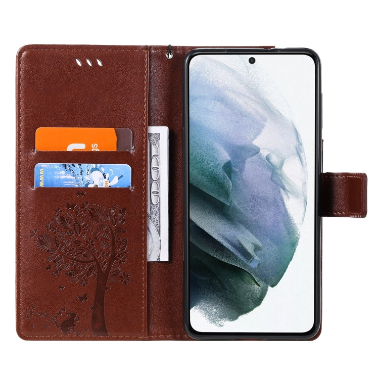 For Samsung Galaxy S21+ 5G Tree & Cat Pattern Pressed Printing Horizontal Flip PU Leather Case with Holder & Card Slots & Wallet & Lanyard