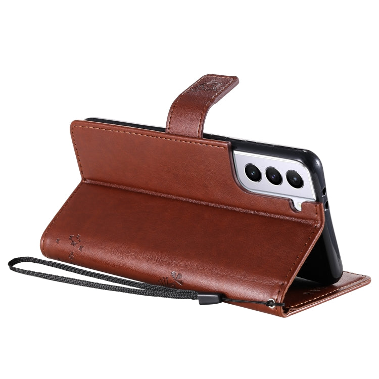 For Samsung Galaxy S21+ 5G Tree & Cat Pattern Pressed Printing Horizontal Flip PU Leather Case with Holder & Card Slots & Wallet & Lanyard