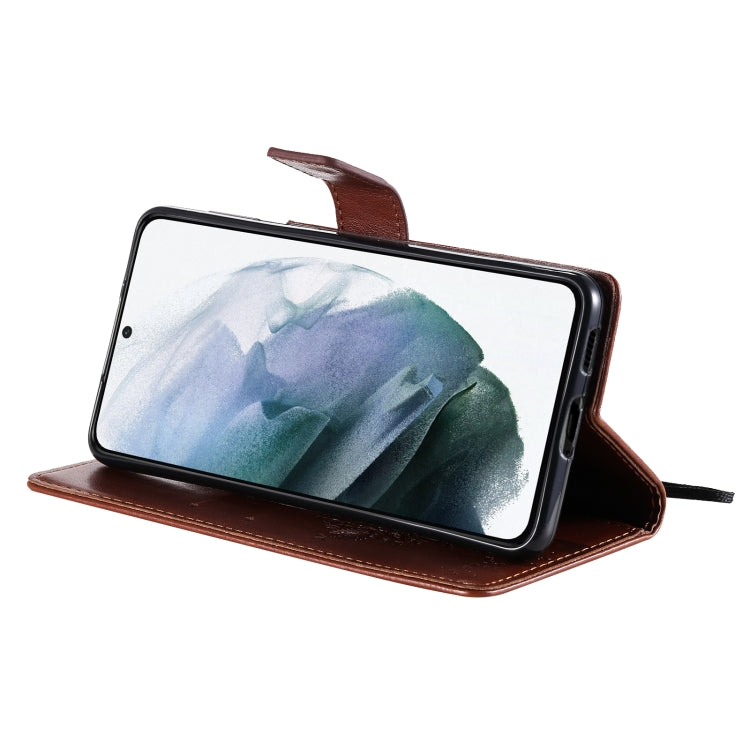 For Samsung Galaxy S21+ 5G Tree & Cat Pattern Pressed Printing Horizontal Flip PU Leather Case with Holder & Card Slots & Wallet & Lanyard