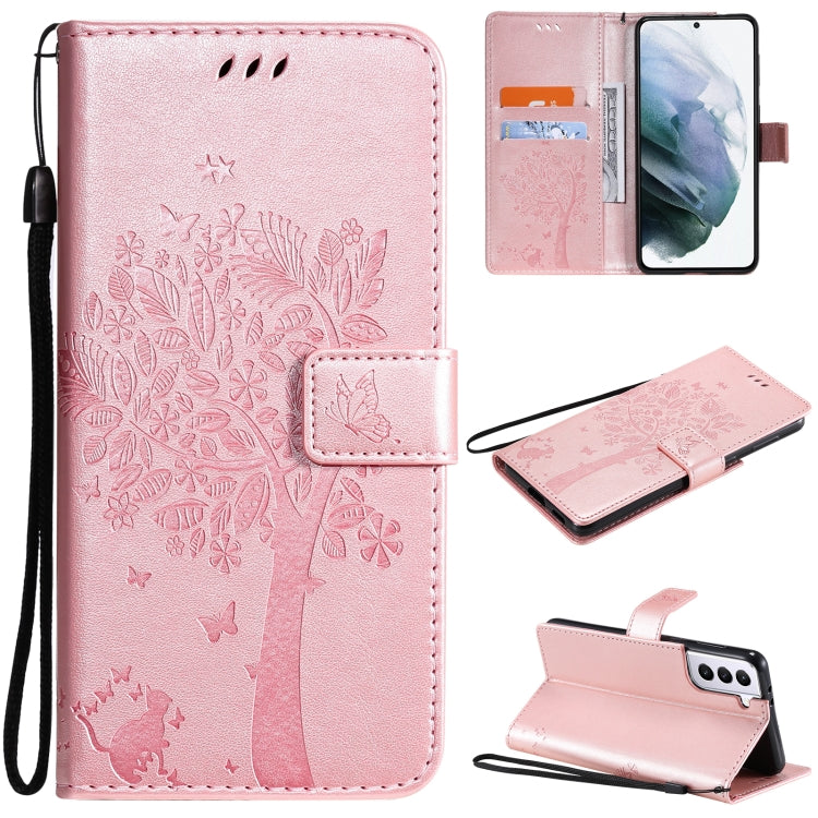 For Samsung Galaxy S21+ 5G Tree & Cat Pattern Pressed Printing Horizontal Flip PU Leather Case with Holder & Card Slots & Wallet & Lanyard
