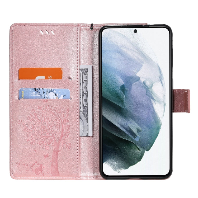 For Samsung Galaxy S21+ 5G Tree & Cat Pattern Pressed Printing Horizontal Flip PU Leather Case with Holder & Card Slots & Wallet & Lanyard