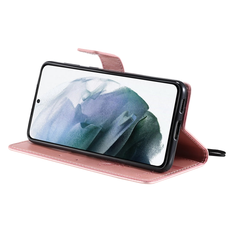 For Samsung Galaxy S21+ 5G Tree & Cat Pattern Pressed Printing Horizontal Flip PU Leather Case with Holder & Card Slots & Wallet & Lanyard