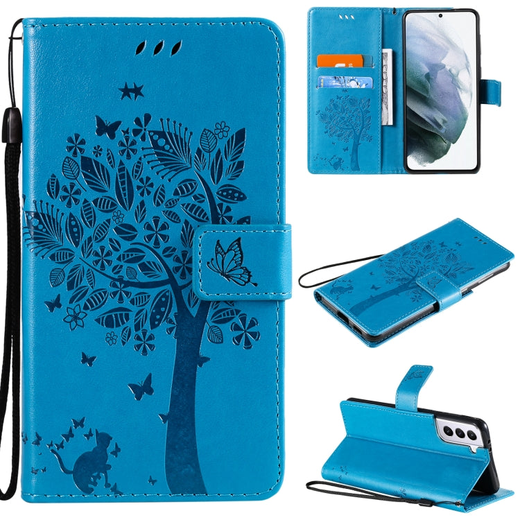 For Samsung Galaxy S21+ 5G Tree & Cat Pattern Pressed Printing Horizontal Flip PU Leather Case with Holder & Card Slots & Wallet & Lanyard
