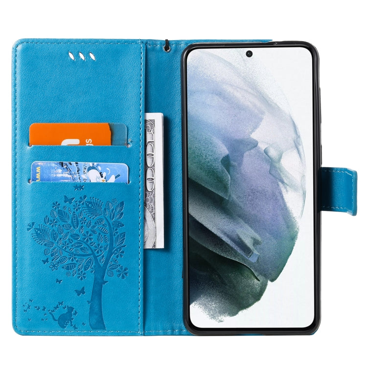 For Samsung Galaxy S21+ 5G Tree & Cat Pattern Pressed Printing Horizontal Flip PU Leather Case with Holder & Card Slots & Wallet & Lanyard