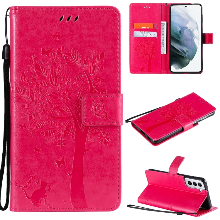 For Samsung Galaxy S21+ 5G Tree & Cat Pattern Pressed Printing Horizontal Flip PU Leather Case with Holder & Card Slots & Wallet & Lanyard