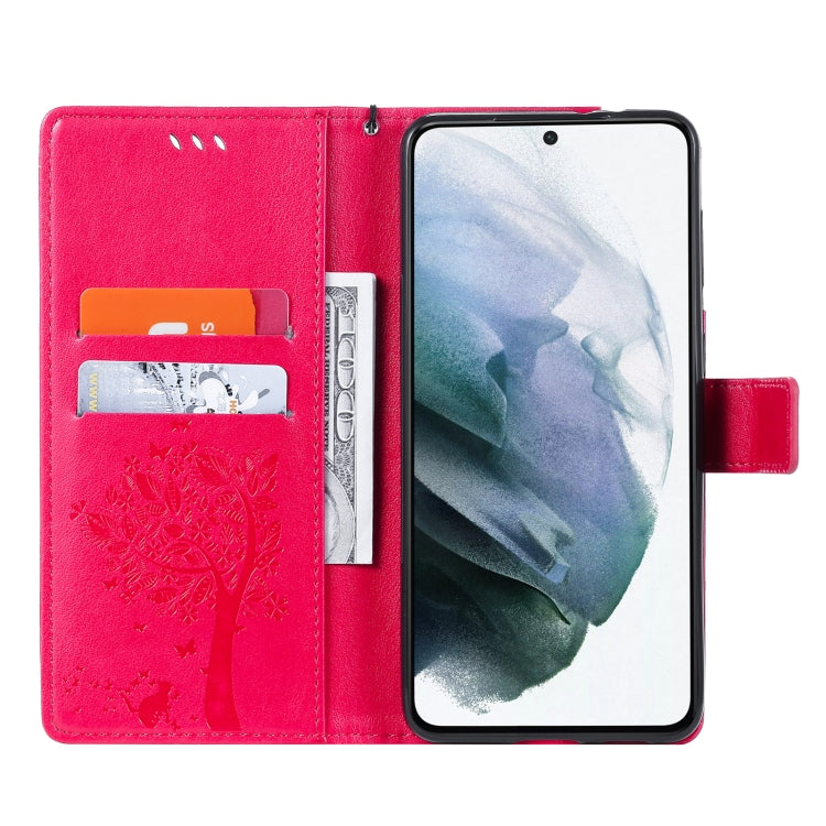 For Samsung Galaxy S21+ 5G Tree & Cat Pattern Pressed Printing Horizontal Flip PU Leather Case with Holder & Card Slots & Wallet & Lanyard