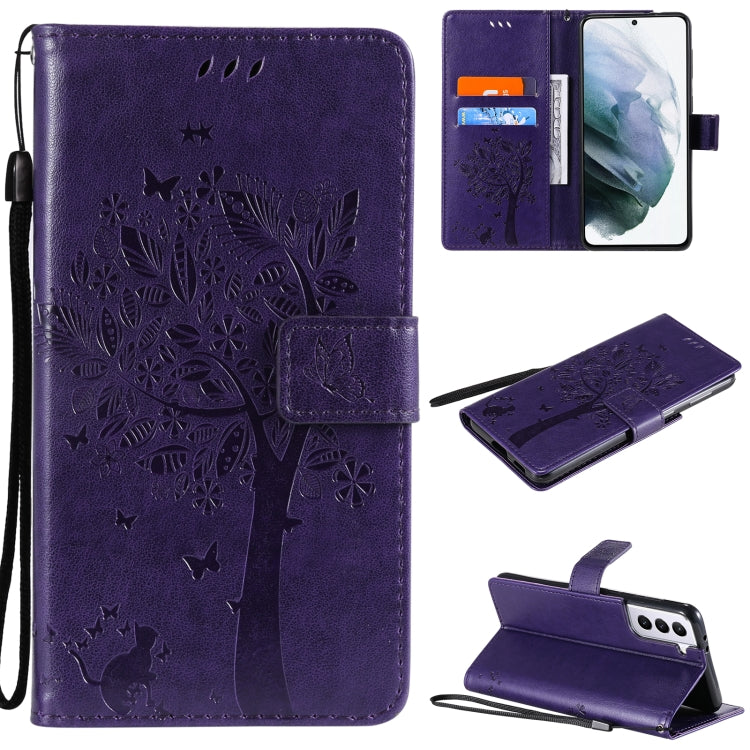 For Samsung Galaxy S21+ 5G Tree & Cat Pattern Pressed Printing Horizontal Flip PU Leather Case with Holder & Card Slots & Wallet & Lanyard