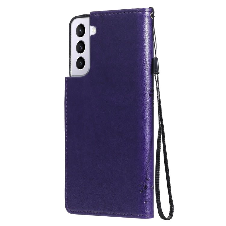 For Samsung Galaxy S21+ 5G Tree & Cat Pattern Pressed Printing Horizontal Flip PU Leather Case with Holder & Card Slots & Wallet & Lanyard