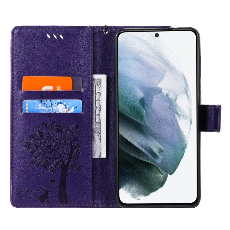 For Samsung Galaxy S21+ 5G Tree & Cat Pattern Pressed Printing Horizontal Flip PU Leather Case with Holder & Card Slots & Wallet & Lanyard