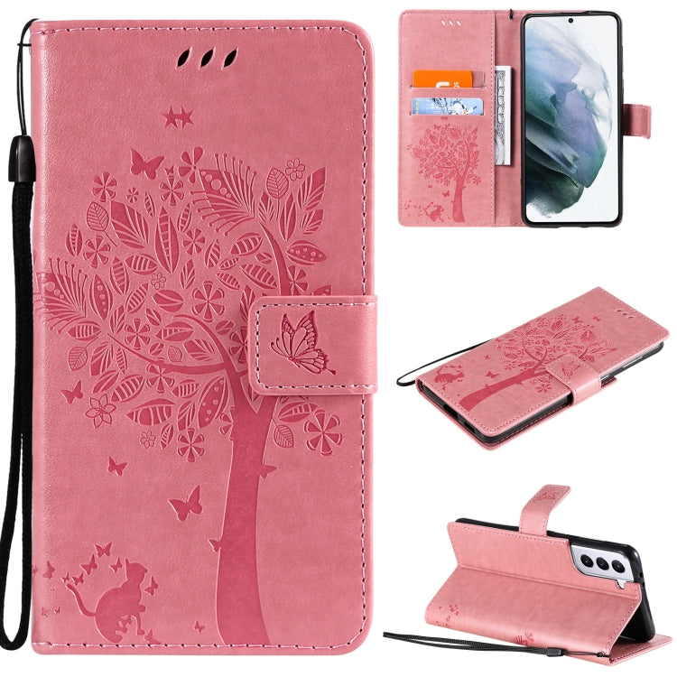 For Samsung Galaxy S21+ 5G Tree & Cat Pattern Pressed Printing Horizontal Flip PU Leather Case with Holder & Card Slots & Wallet & Lanyard