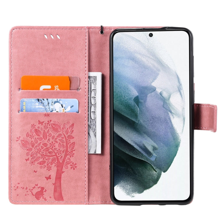 For Samsung Galaxy S21+ 5G Tree & Cat Pattern Pressed Printing Horizontal Flip PU Leather Case with Holder & Card Slots & Wallet & Lanyard