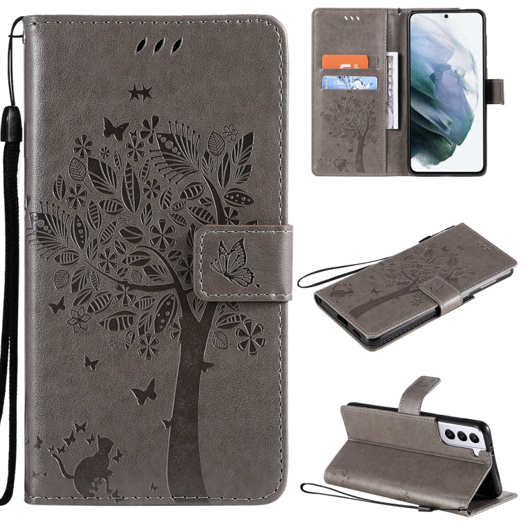 For Samsung Galaxy S21+ 5G Tree & Cat Pattern Pressed Printing Horizontal Flip PU Leather Case with Holder & Card Slots & Wallet & Lanyard