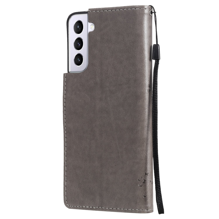 For Samsung Galaxy S21+ 5G Tree & Cat Pattern Pressed Printing Horizontal Flip PU Leather Case with Holder & Card Slots & Wallet & Lanyard