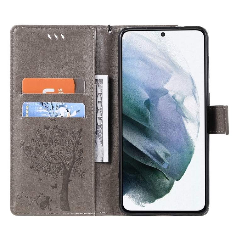 For Samsung Galaxy S21+ 5G Tree & Cat Pattern Pressed Printing Horizontal Flip PU Leather Case with Holder & Card Slots & Wallet & Lanyard