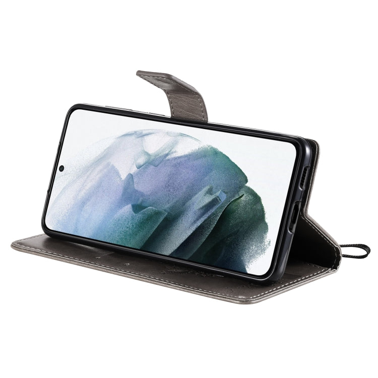 For Samsung Galaxy S21+ 5G Tree & Cat Pattern Pressed Printing Horizontal Flip PU Leather Case with Holder & Card Slots & Wallet & Lanyard