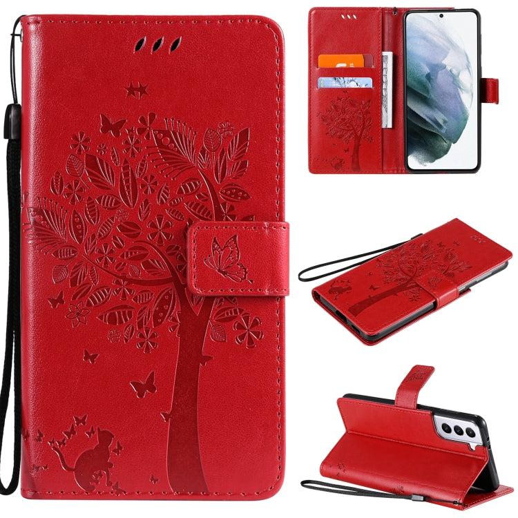 For Samsung Galaxy S21+ 5G Tree & Cat Pattern Pressed Printing Horizontal Flip PU Leather Case with Holder & Card Slots & Wallet & Lanyard