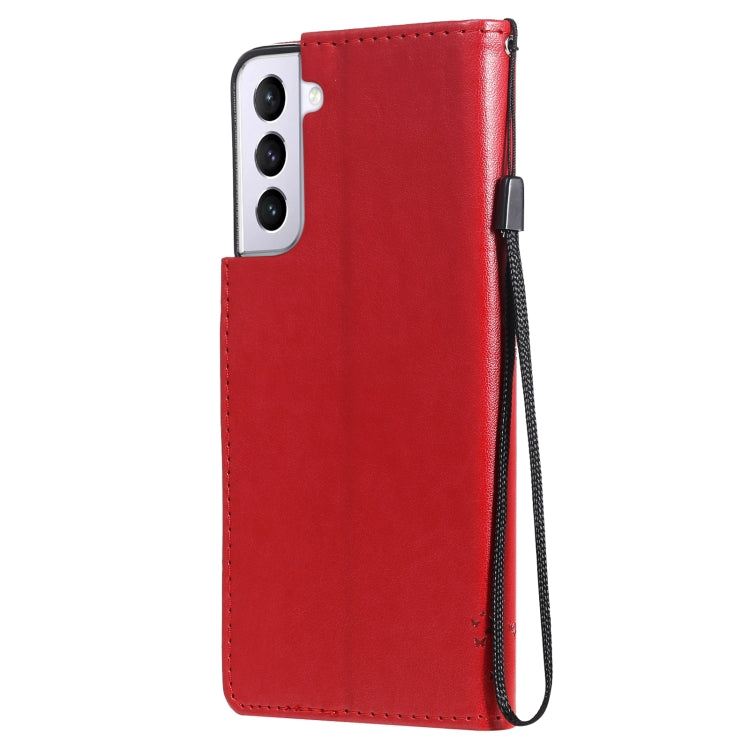 For Samsung Galaxy S21+ 5G Tree & Cat Pattern Pressed Printing Horizontal Flip PU Leather Case with Holder & Card Slots & Wallet & Lanyard